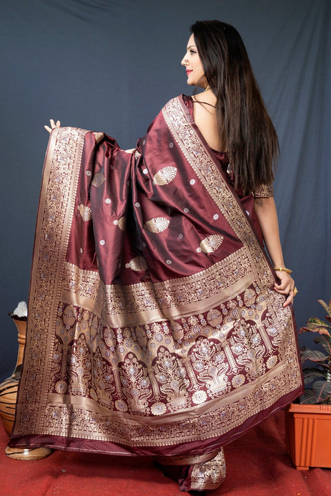 VastraLakshmi Petrichor Brown Kanjivaram Silk With Demure Blouse Piece