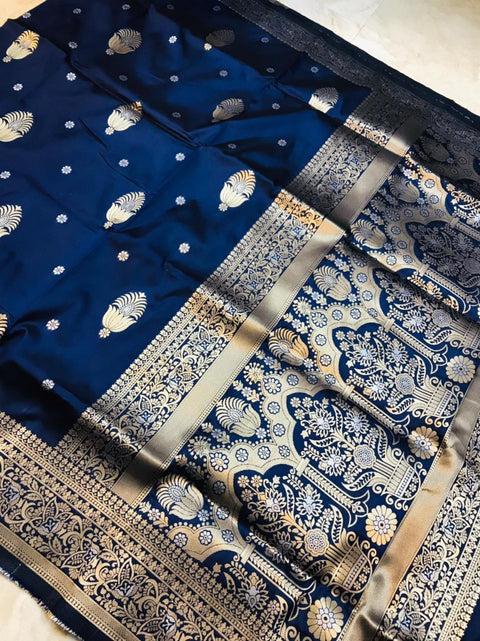 VastraLakshmi Palimpsest Navy Blue Kanjivaram Silk With Demure Blouse Piece