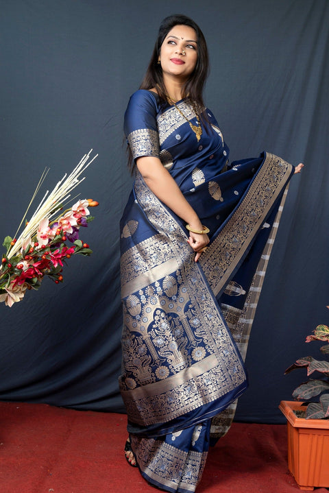 VastraLakshmi Palimpsest Navy Blue Kanjivaram Silk With Demure Blouse Piece