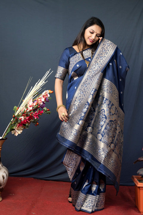 VastraLakshmi Palimpsest Navy Blue Kanjivaram Silk With Demure Blouse Piece