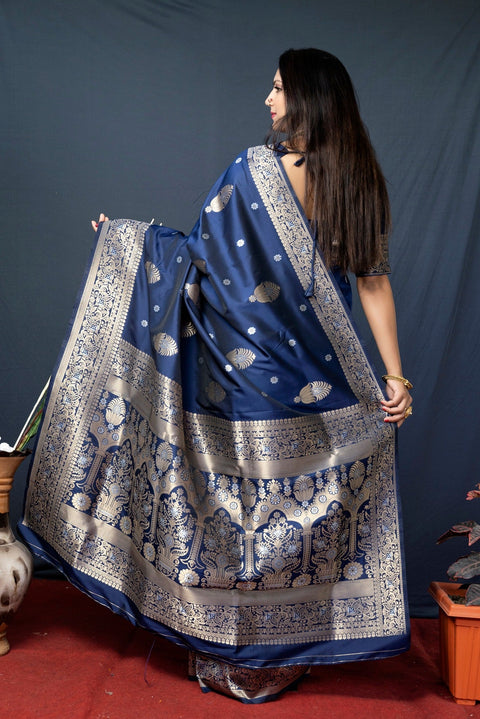 VastraLakshmi Palimpsest Navy Blue Kanjivaram Silk With Demure Blouse Piece