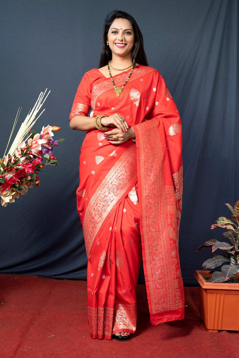 VastraLakshmi Scintilla Red Kanjivaram Silk With Demure Blouse Piece