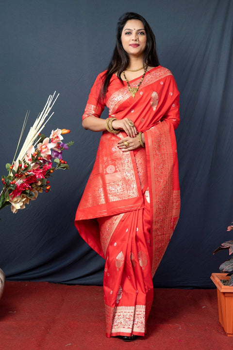 VastraLakshmi Scintilla Red Kanjivaram Silk With Demure Blouse Piece