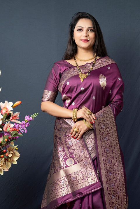 VastraLakshmi Quintessential Wine Kanjivaram Silk With Demure Blouse Piece