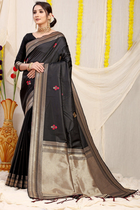 VastraLakshmi Gleaming Black Banarasi Silk Saree With Magnetic Blouse Piece