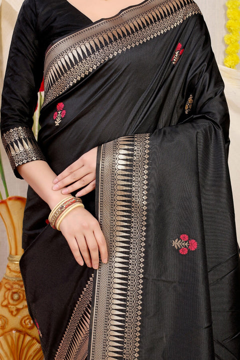 VastraLakshmi Gleaming Black Banarasi Silk Saree With Magnetic Blouse Piece