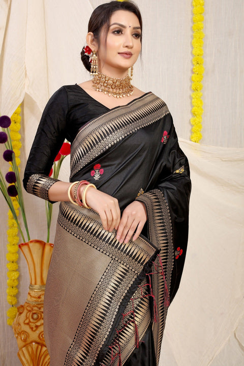 VastraLakshmi Gleaming Black Banarasi Silk Saree With Magnetic Blouse Piece