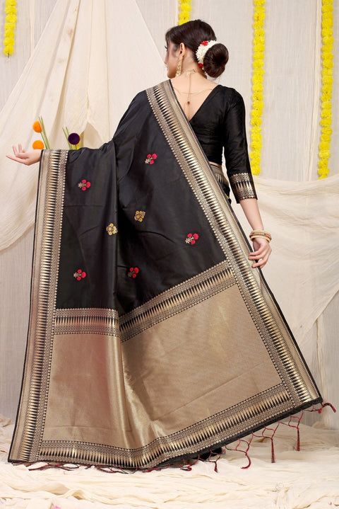 VastraLakshmi Gleaming Black Banarasi Silk Saree With Magnetic Blouse Piece