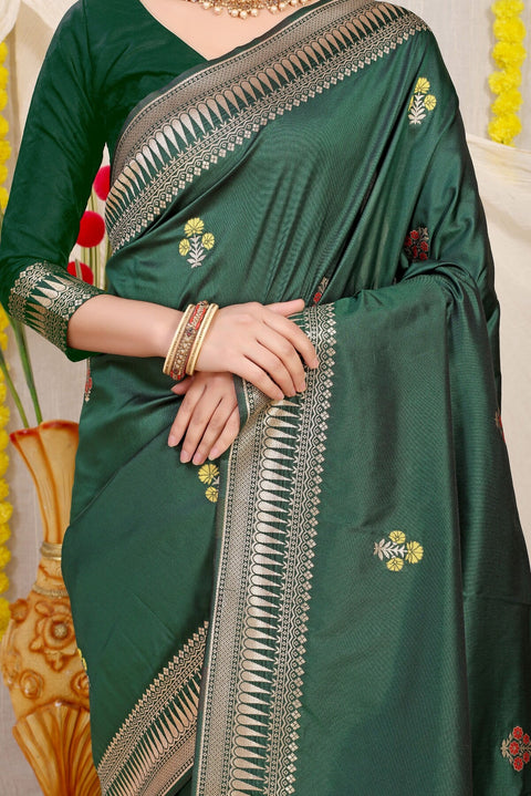 VastraLakshmi Sensational Dark Green Banarasi Silk Saree With Magnetic Blouse Piece