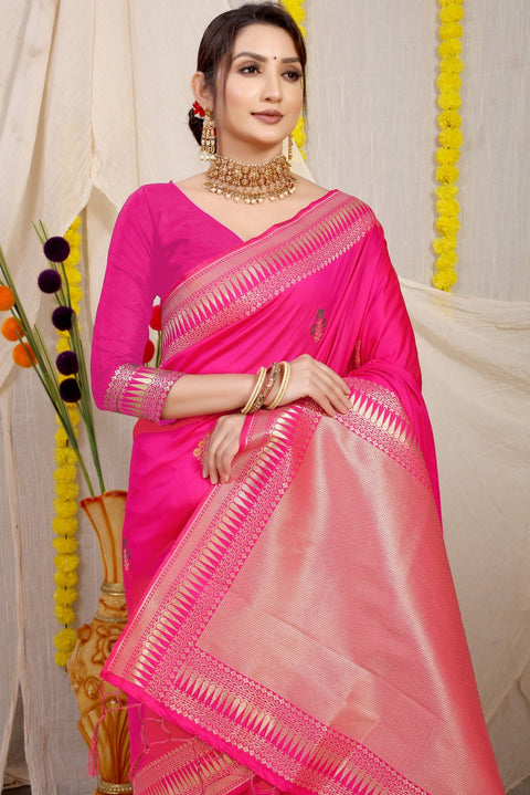 VastraLakshmi Quintessential Dark Pink Banarasi Silk Saree With Magnetic Blouse Piece