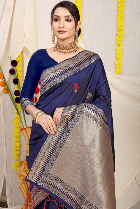 VastraLakshmi Stylish Navy Blue Banarasi Silk Saree With Magnetic Blouse Piece