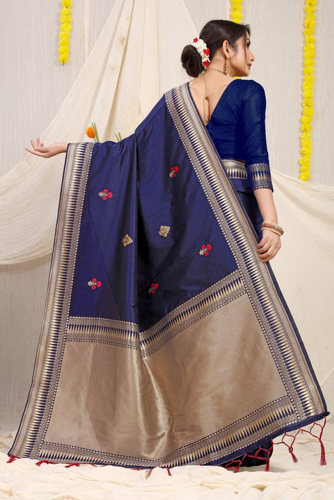 VastraLakshmi Stylish Navy Blue Banarasi Silk Saree With Magnetic Blouse Piece