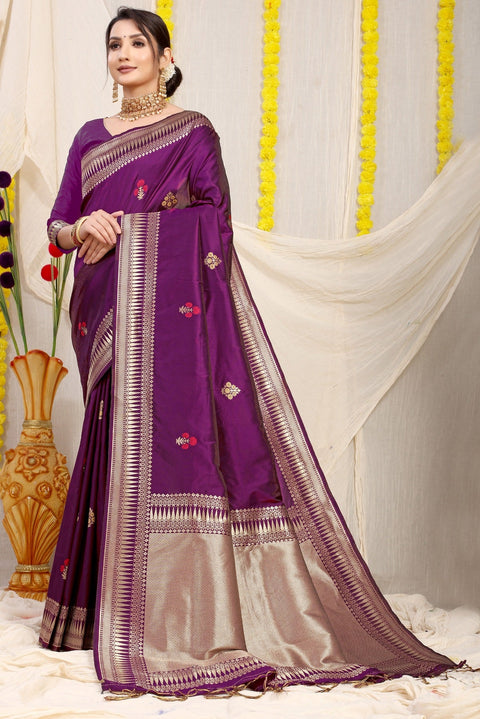 VastraLakshmi Lovely Purple Banarasi Silk Saree With Magnetic Blouse Piece