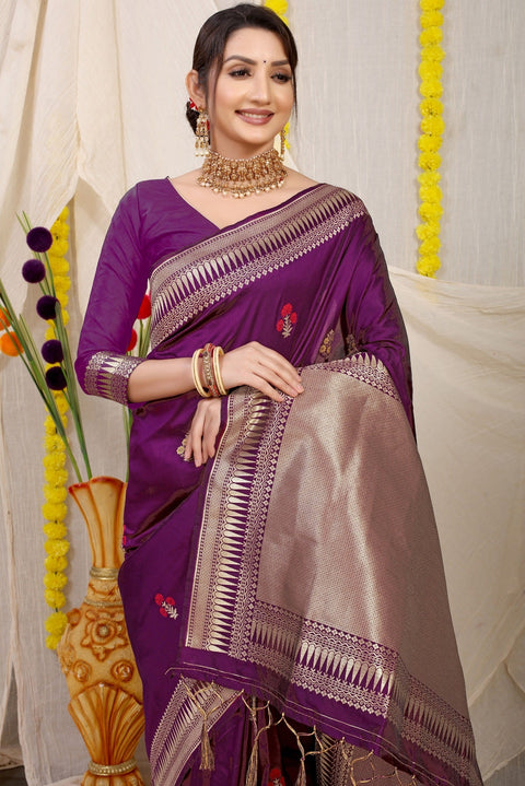 VastraLakshmi Lovely Purple Banarasi Silk Saree With Magnetic Blouse Piece