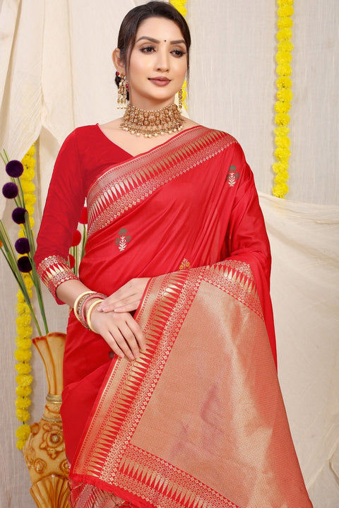 VastraLakshmi Precious Red Banarasi Silk Saree With Magnetic Blouse Piece