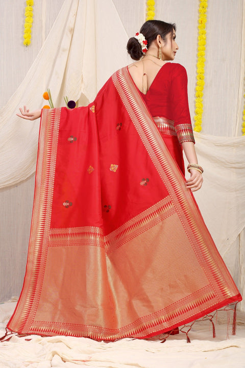 VastraLakshmi Precious Red Banarasi Silk Saree With Magnetic Blouse Piece