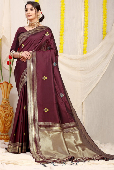 VastraLakshmi Breathtaking Wine Banarasi Silk Saree With Magnetic Blouse Piece