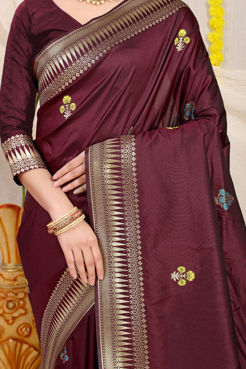 VastraLakshmi Breathtaking Wine Banarasi Silk Saree With Magnetic Blouse Piece