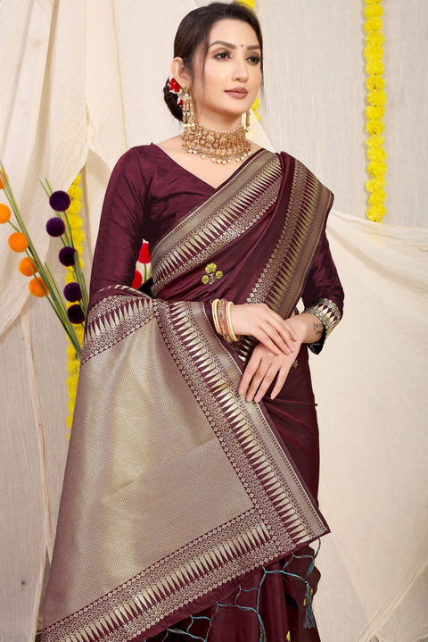 VastraLakshmi Breathtaking Wine Banarasi Silk Saree With Magnetic Blouse Piece