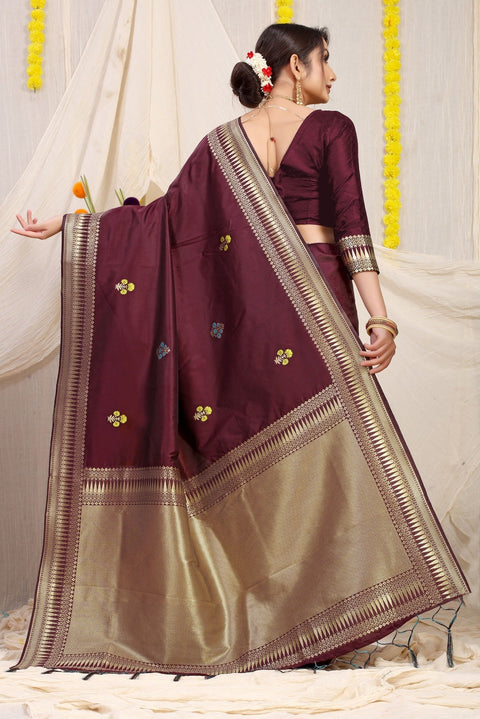 VastraLakshmi Breathtaking Wine Banarasi Silk Saree With Magnetic Blouse Piece