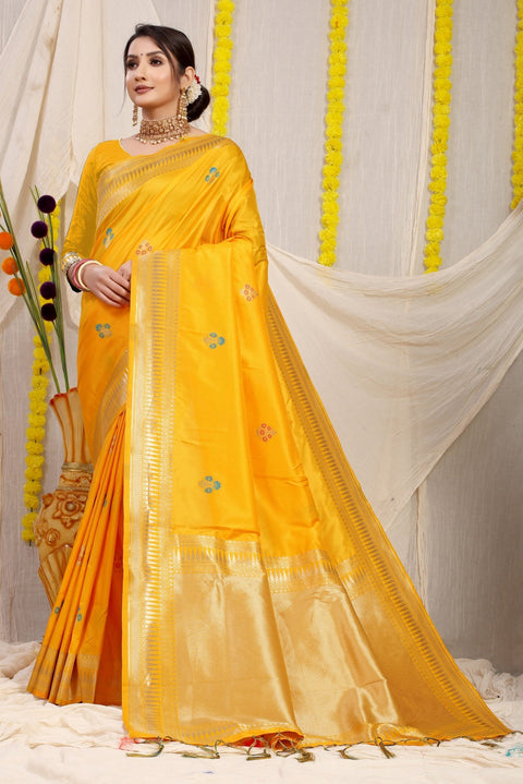 VastraLakshmi Flameboyant Yellow Banarasi Silk Saree With Magnetic Blouse Piece