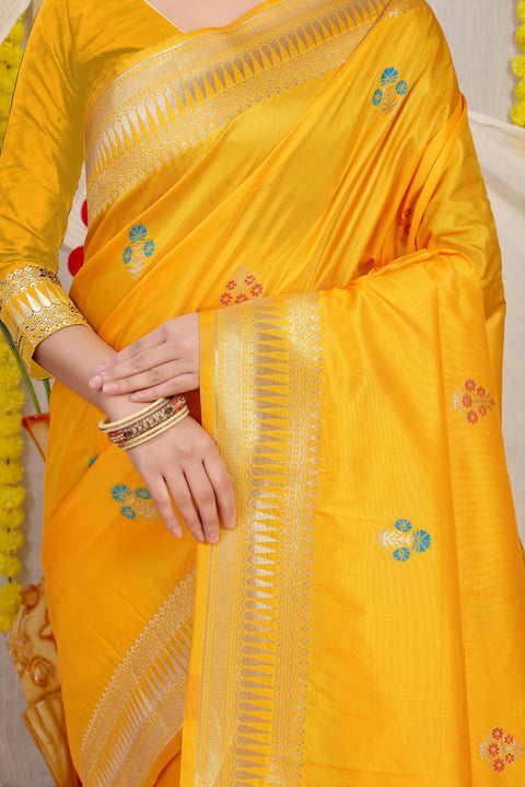 VastraLakshmi Flameboyant Yellow Banarasi Silk Saree With Magnetic Blouse Piece