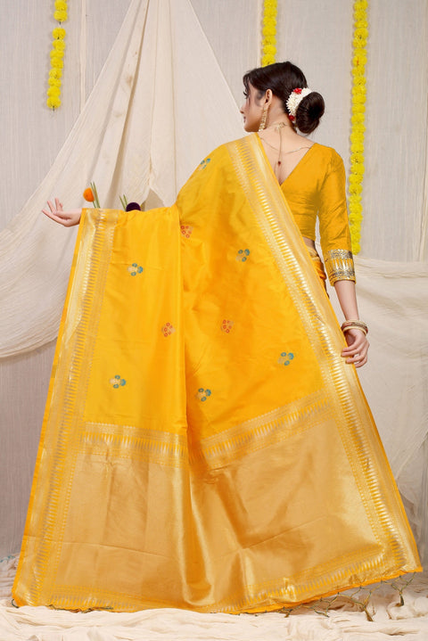 VastraLakshmi Flameboyant Yellow Banarasi Silk Saree With Magnetic Blouse Piece