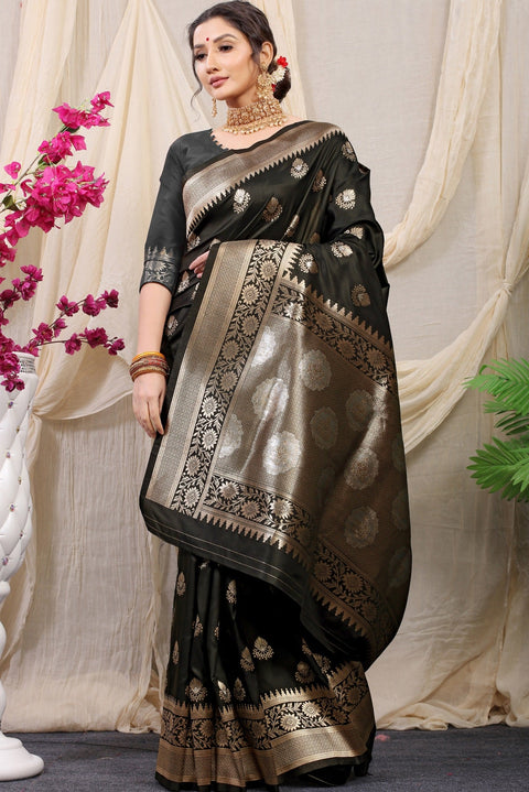 VastraLakshmi Delectable Black Kanjivaram Silk With Effervescent Blouse Piece