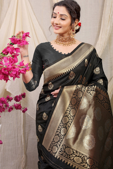 VastraLakshmi Delectable Black Kanjivaram Silk With Effervescent Blouse Piece