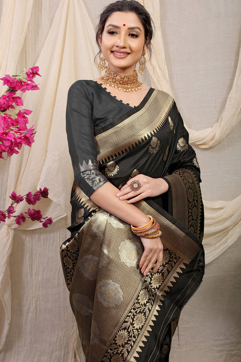 VastraLakshmi Delectable Black Kanjivaram Silk With Effervescent Blouse Piece