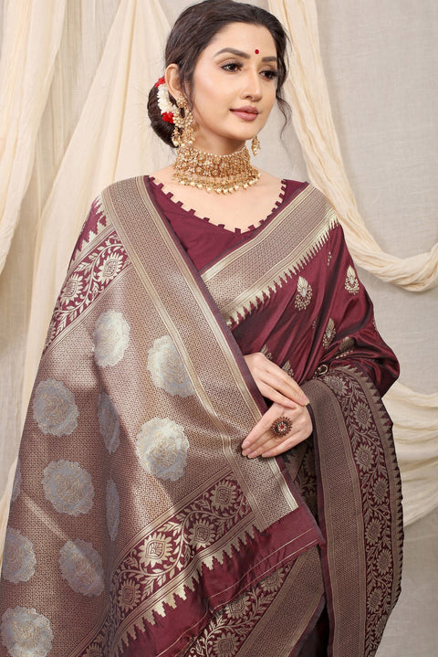 VastraLakshmi Smashing Brown Kanjivaram Silk With Effervescent Blouse Piece