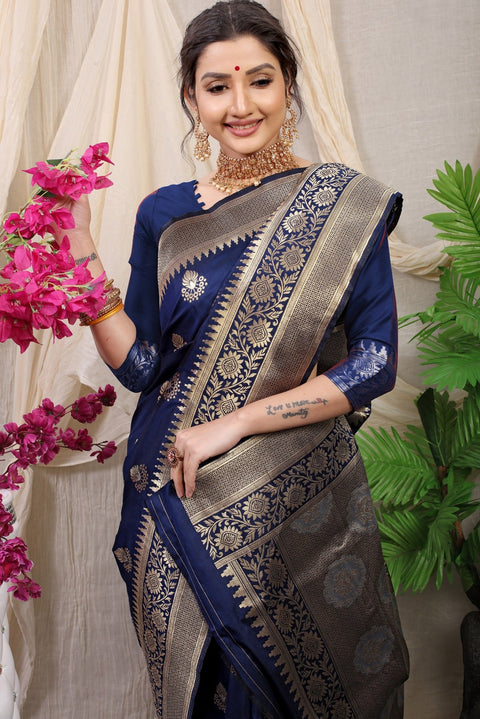 VastraLakshmi Devastating Navy Blue Kanjivaram Silk With Effervescent Blouse Piece