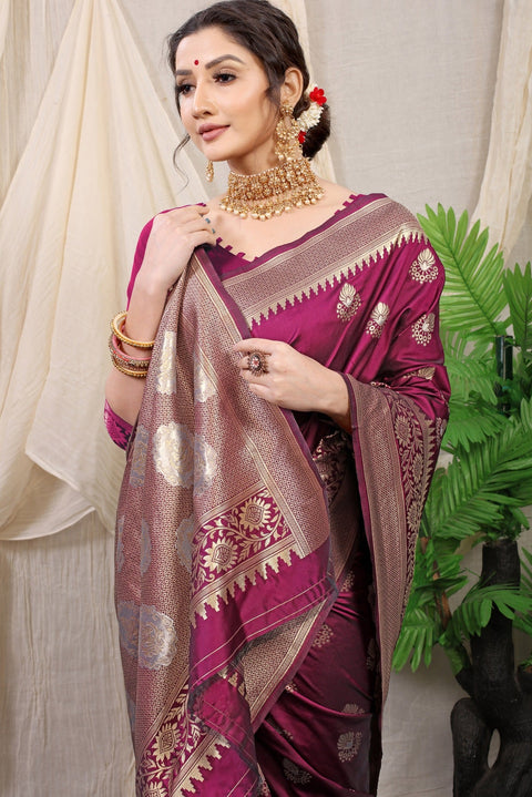 VastraLakshmi Denouement Wine Kanjivaram Silk With Effervescent Blouse Piece