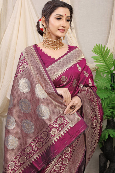 VastraLakshmi Denouement Wine Kanjivaram Silk With Effervescent Blouse Piece