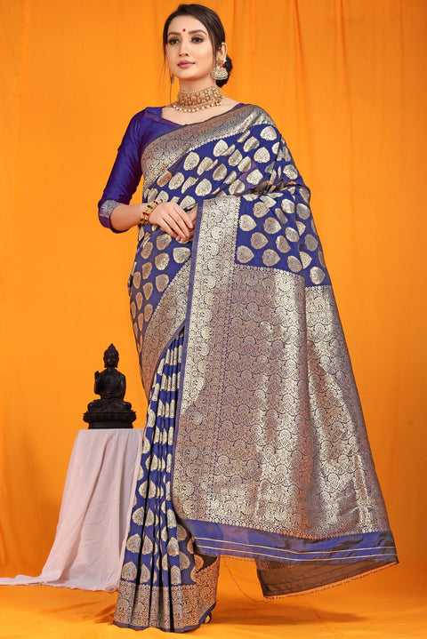 VastraLakshmi Deserving Navy Blue Banarasi Silk Saree With Divine Blouse Piece