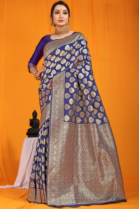 VastraLakshmi Deserving Navy Blue Banarasi Silk Saree With Divine Blouse Piece