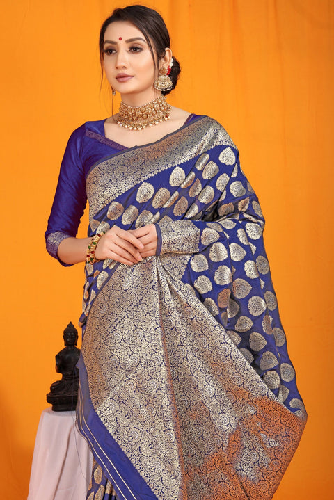 VastraLakshmi Deserving Navy Blue Banarasi Silk Saree With Divine Blouse Piece