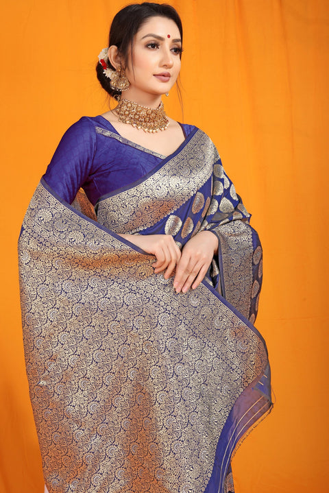 VastraLakshmi Deserving Navy Blue Banarasi Silk Saree With Divine Blouse Piece