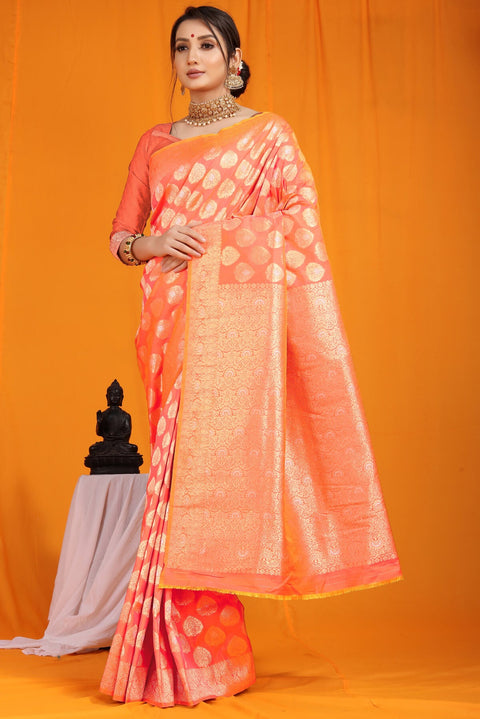 VastraLakshmi Eye-catching Peach Banarasi Silk Saree With Divine Blouse Piece