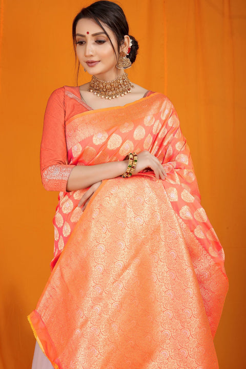 VastraLakshmi Eye-catching Peach Banarasi Silk Saree With Divine Blouse Piece