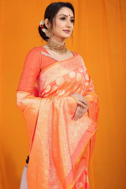 VastraLakshmi Eye-catching Peach Banarasi Silk Saree With Divine Blouse Piece