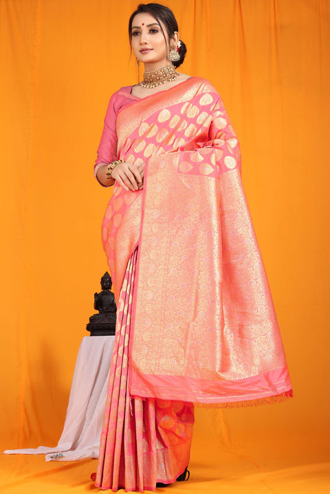 VastraLakshmi Intricate Pink Banarasi Silk Saree With Divine Blouse Piece