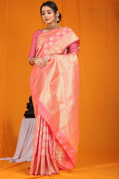 VastraLakshmi Intricate Pink Banarasi Silk Saree With Divine Blouse Piece