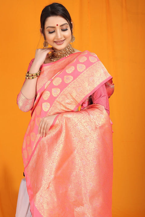 VastraLakshmi Intricate Pink Banarasi Silk Saree With Divine Blouse Piece