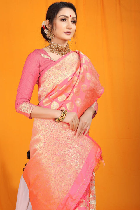 VastraLakshmi Intricate Pink Banarasi Silk Saree With Divine Blouse Piece