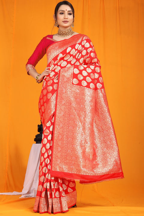 VastraLakshmi Blooming Red Banarasi Silk Saree With Divine Blouse Piece