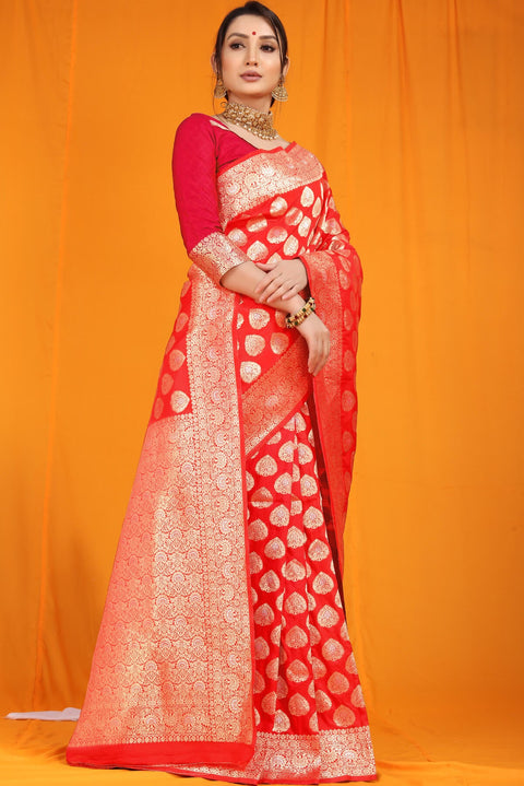 VastraLakshmi Blooming Red Banarasi Silk Saree With Divine Blouse Piece