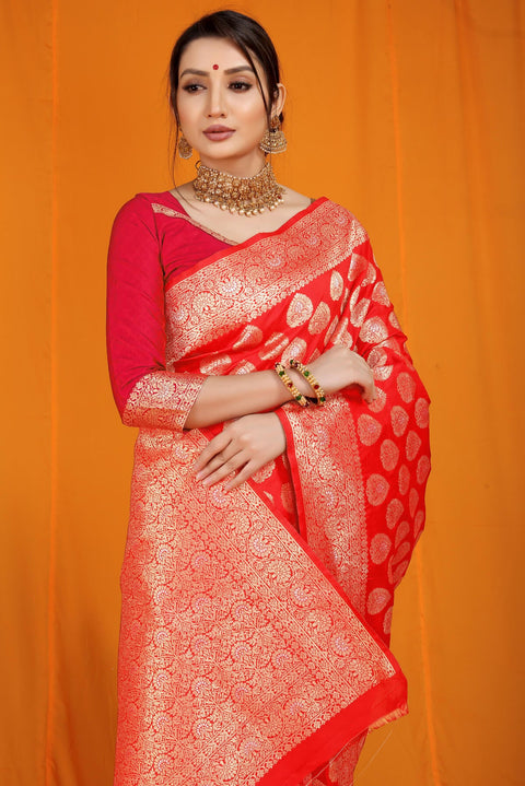 VastraLakshmi Blooming Red Banarasi Silk Saree With Divine Blouse Piece