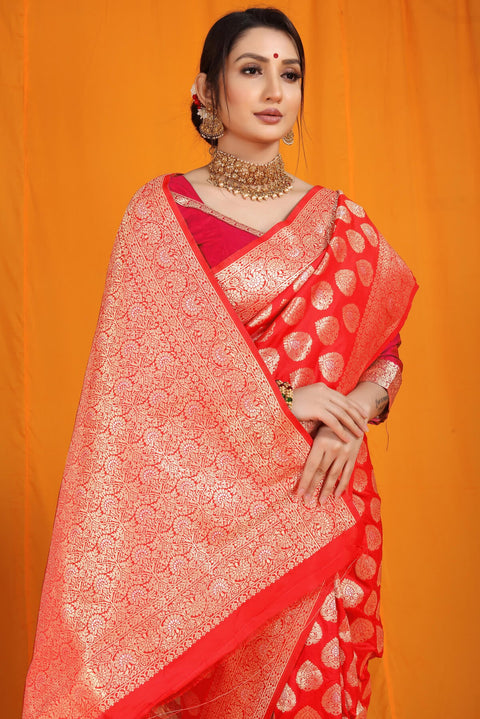 VastraLakshmi Blooming Red Banarasi Silk Saree With Divine Blouse Piece