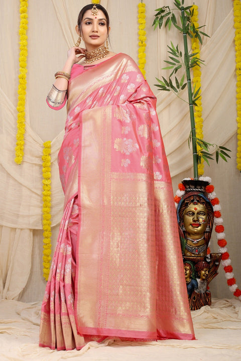 VastraLakshmi Tempting Baby Pink Kanjivaram Silk With Seraglio Blouse Piece